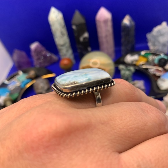 Comfort Curl ADJUSTABLE Big Square Larimar Ring! .925 Sterling Silver Overlay! - Picture 8 of 15